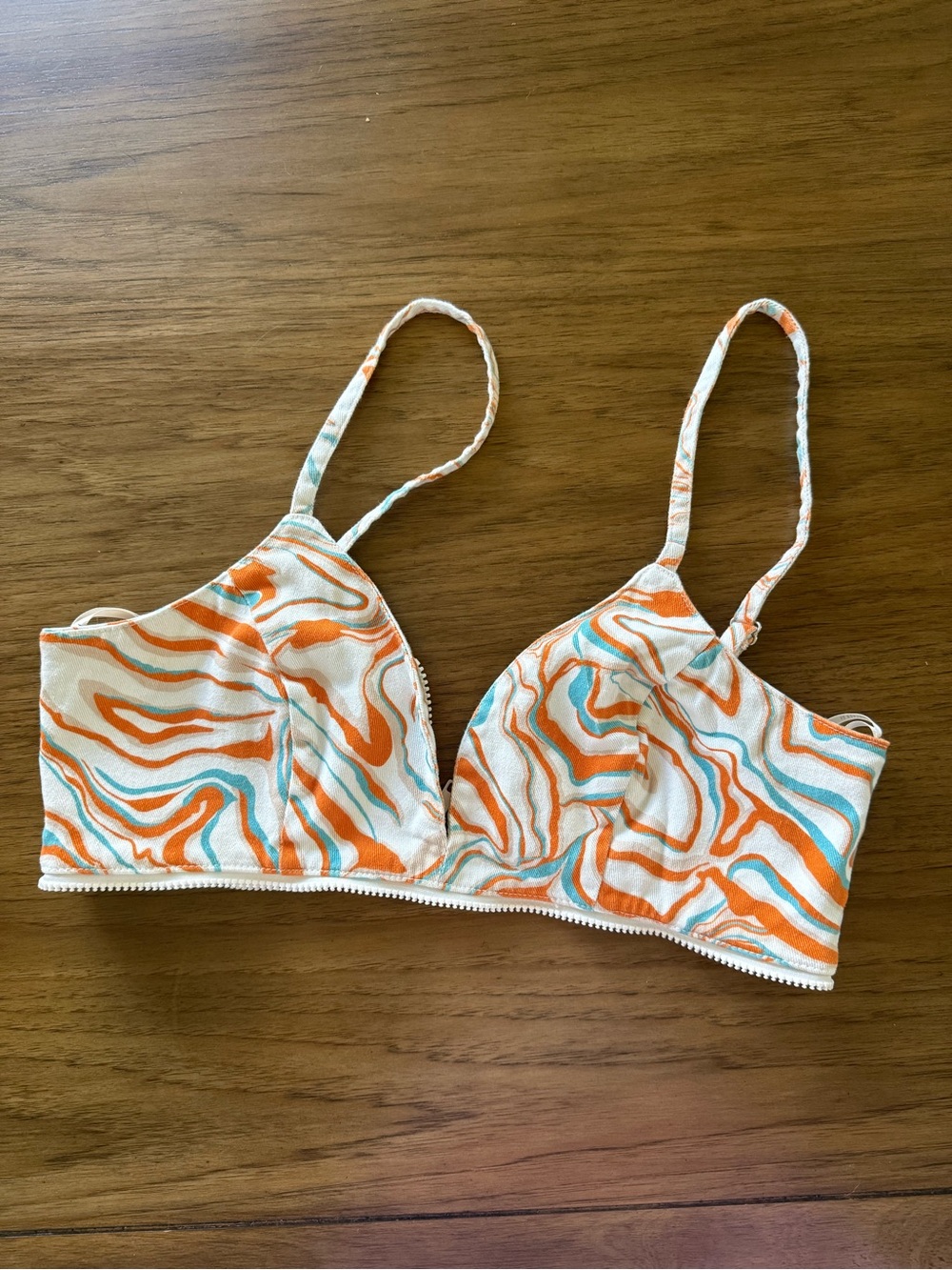 Forever 21 Crop Top Bra — Orange, Teal & White Swirl (L)